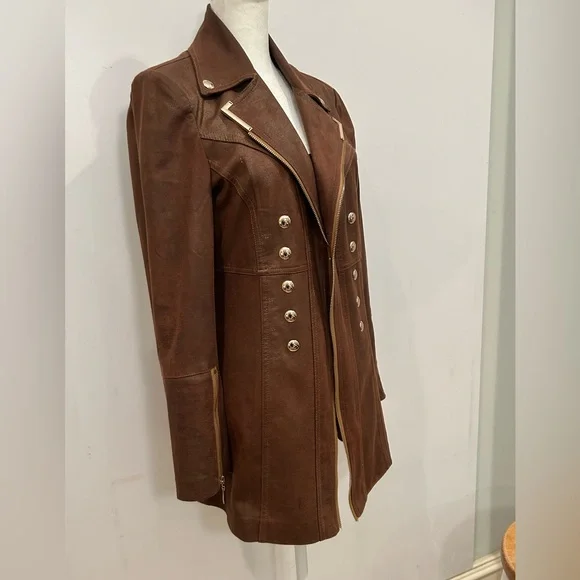 Mahogany Brown Military Style Faux Leather Jacket EUC SZ 10 Fitted Slimming - Picture 4 of 9